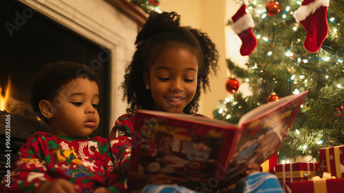 An African-American girl reads a Christmas story to her little brother, sitting by the Christmas tree, creating a heartwarming moment of family bonding during the holiday season. photo