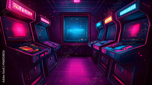 A retro arcade room with gl...