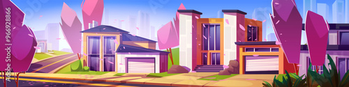 Spring neighborhood street with house landscape. Suburb illustration with city view in april. Village scenery with beautiful building exterior and cute pink flying petals decoration backdrop