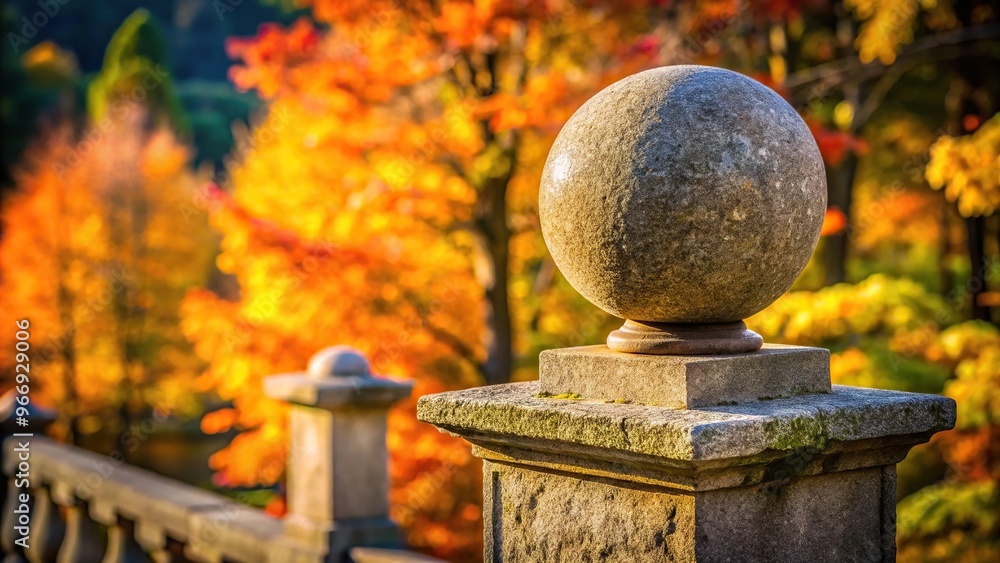 Stone ball on wall pedestal with autumn trees in background Stone ball on wall pedestal with autumn trees in background