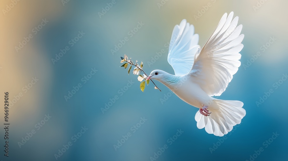 Fototapeta premium White Dove Flying with a Branch in its Beak Against a Blue Sky