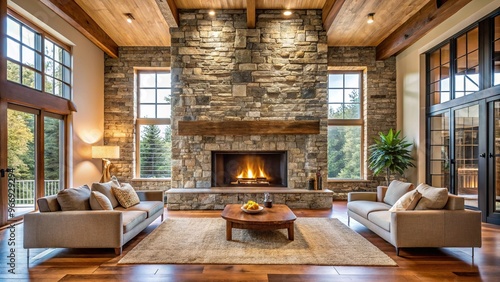 Stone fireplace in modern rustic house photo