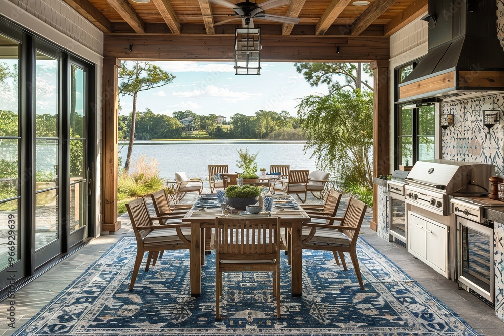 Coastal dining area with outdoor table and chairs, blue-green patterned rug, water views through large windows, natural wood elements, and built-in grill, showcasing stylish outdoor living. Coastal dining area with outdoor table and chairs, blue-green patterned rug, water views through large windows, natural wood elements, and built-in grill, showcasing stylish outdoor living.