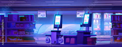 Supermarket counter service area with self checkout kiosk with electronic screen at night. Empty dark closed grocery shop with products on racks and modern automated contactless payment terminal.
