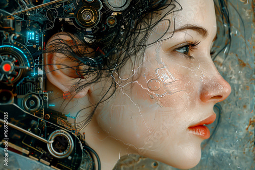 Closeup of a womans ear, focusing on the contours and fine details, realistic and intricate, cybernetic tone, Complementary Color Scheme