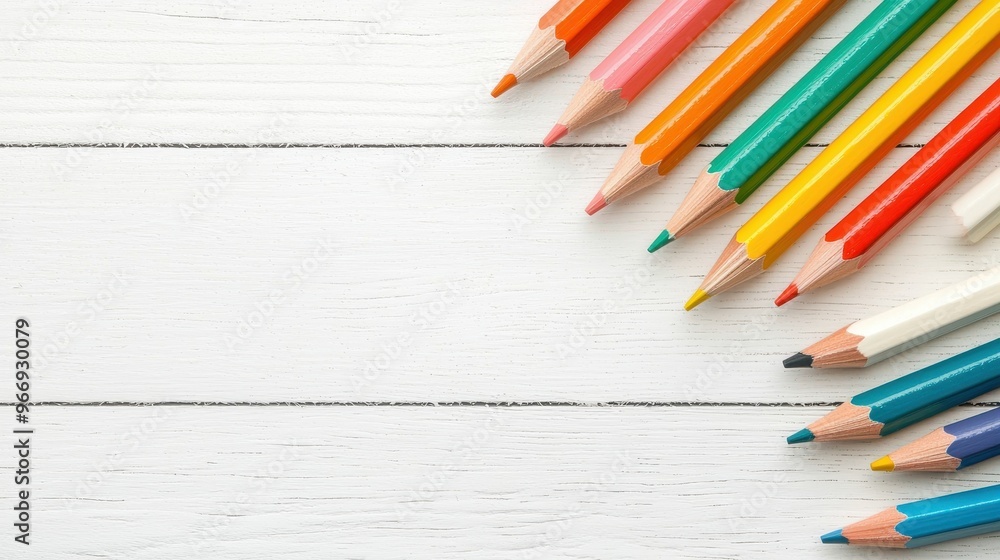 Obraz premium Colorful Pencils on White Wooden Background with Copy Space