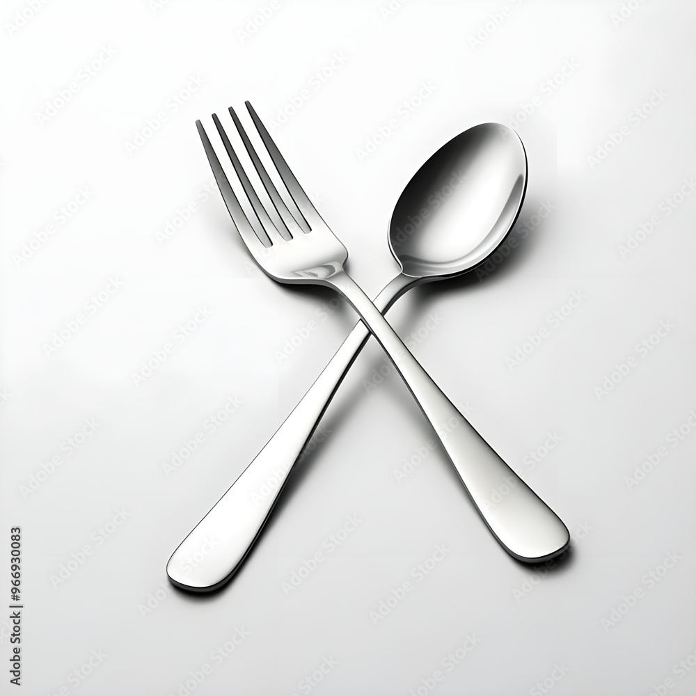 A silver fork and spoon crossed neatly on the surface, isolated on white. A silver fork and spoon crossed neatly on the surface, isolated on white.