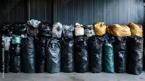 A row of garbage bags in va...
