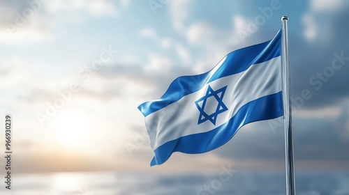 Israeli Flag Waving in the Wind Against a Cloudy Sky