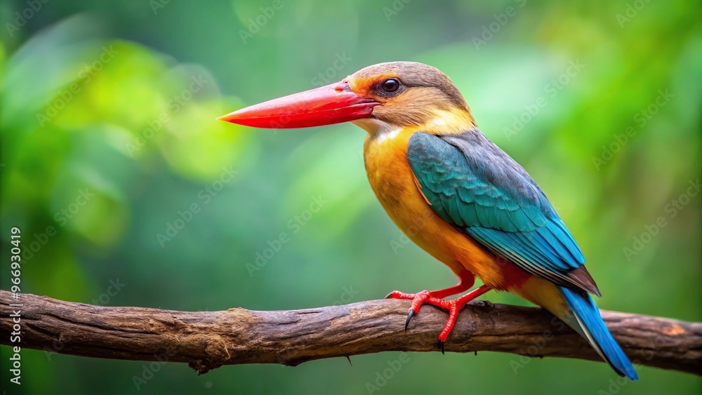 Obraz premium Stork-billed kingfisher chick perched on tree branch