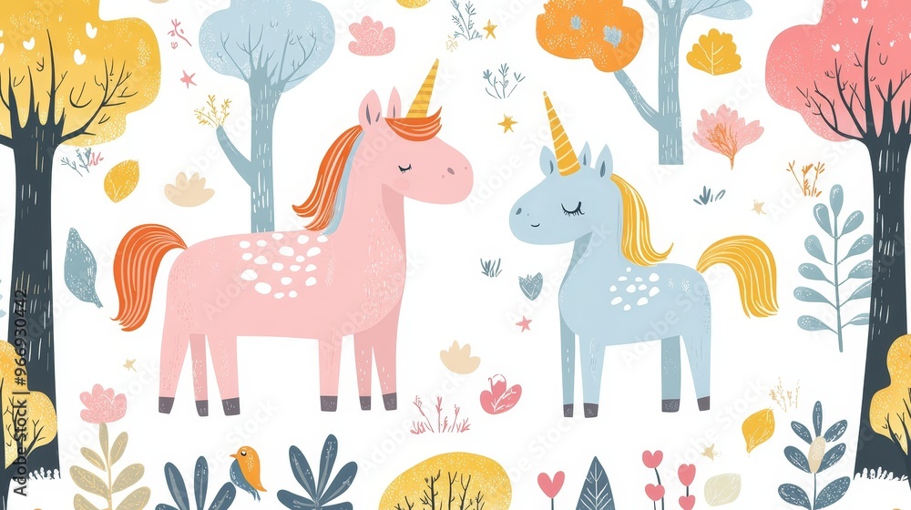 Obraz premium Cute Unicorns in a Magical Forest Seamless Pattern
