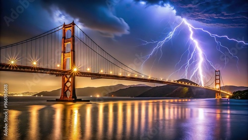 Stormy night in San Francisco with lightning bolt striking over the bridge, using forced perspective for dramatic effect.