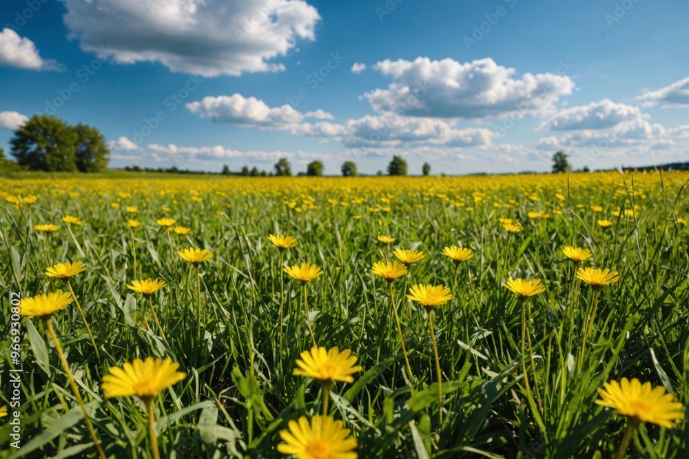 Fototapeta premium beautiful meadow field with fresh grass and yellow dandelion flowers in nature against a blurry blue sky with clouds
