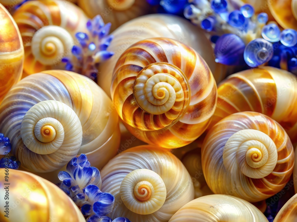 Slowly opening shells reveal delicate, spiraling irises in shades of amber, cream, and indigo, surrounded by a tangle of fine, translucent membranes. Slowly opening shells reveal delicate, spiraling irises in shades of amber, cream, and indigo, surrounded by a tangle of fine, translucent membranes.