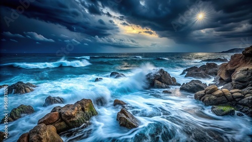 Stormy sea with rocks at night background