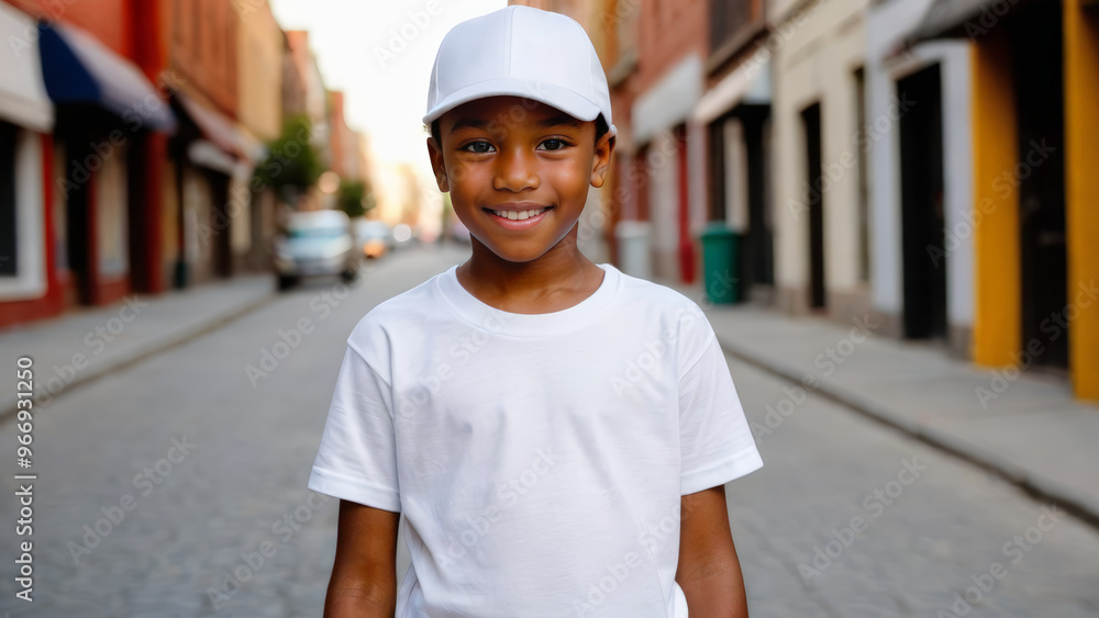 Little black boy wearing white t-shirt and white baseball cap standing on the street Little black boy wearing white t-shirt and white baseball cap standing on the street