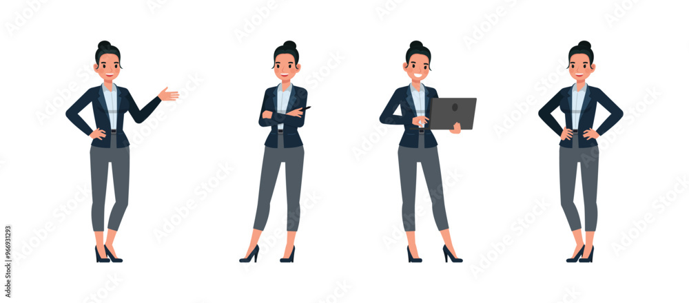 Business woman working in office character vector illustration design set. Presentation in various action. Woman wear dark blue suit. Business woman working in office character vector illustration design set. Presentation in various action. Woman wear dark blue suit.