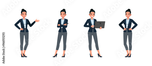 Business woman working in office character vector illustration design set. Presentation in various action. Woman wear dark blue suit.