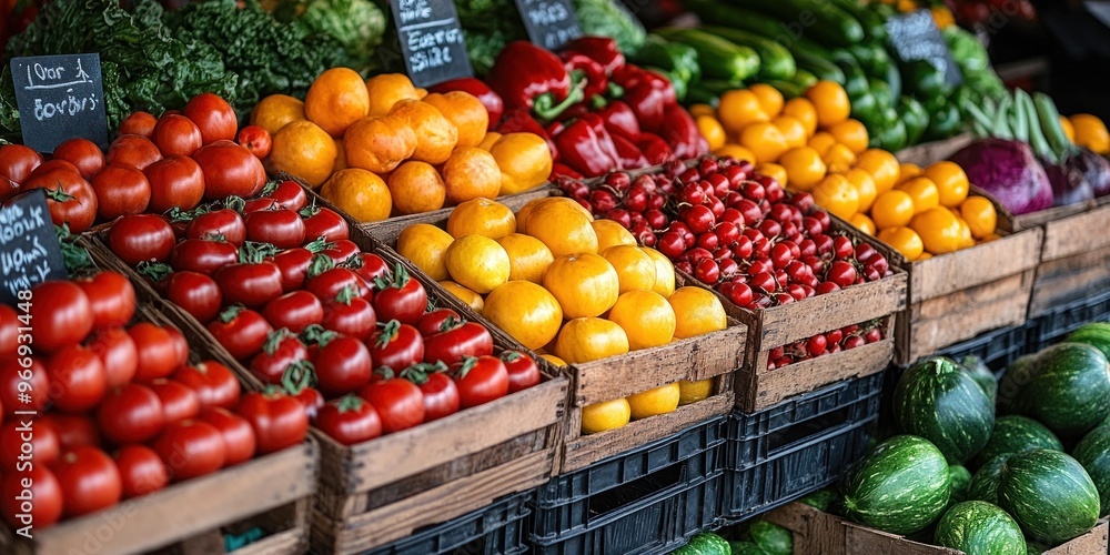 Fresh Produce Displayed in Wooden Crates at a Market Stall Fresh Produce Displayed in Wooden Crates at a Market Stall