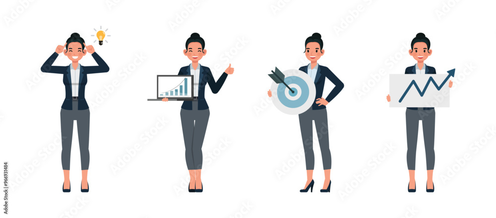 Business woman working in office character vector illustration design set. Presentation in various action. Woman wear dark blue suit. Business woman working in office character vector illustration design set. Presentation in various action. Woman wear dark blue suit.
