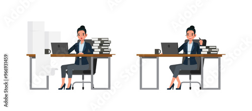 Business woman working in office character vector illustration design set. Presentation in various action. Woman wear dark blue suit. photo