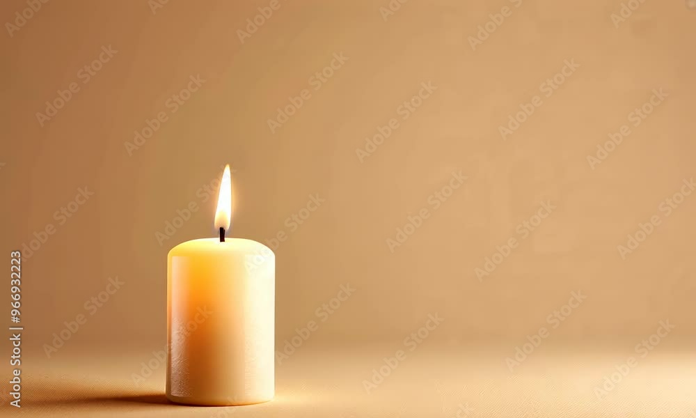 Single lit candle against plain beige background with ample space Single lit candle against plain beige background with ample space