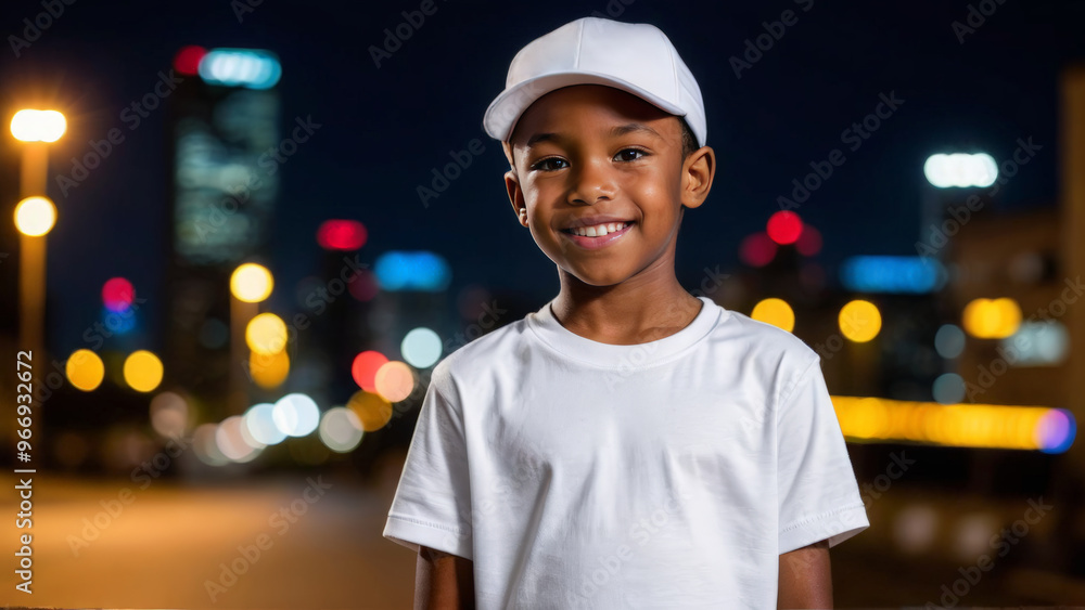 Little black boy wearing white t-shirt and white baseball cap standing ...