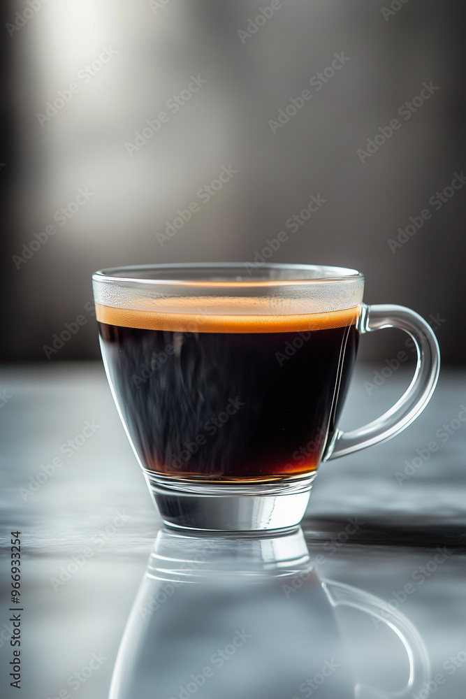 A modern glass coffee cup with dark coffee, sitting on a sleek marble surface. A modern glass coffee cup with dark coffee, sitting on a sleek marble surface.