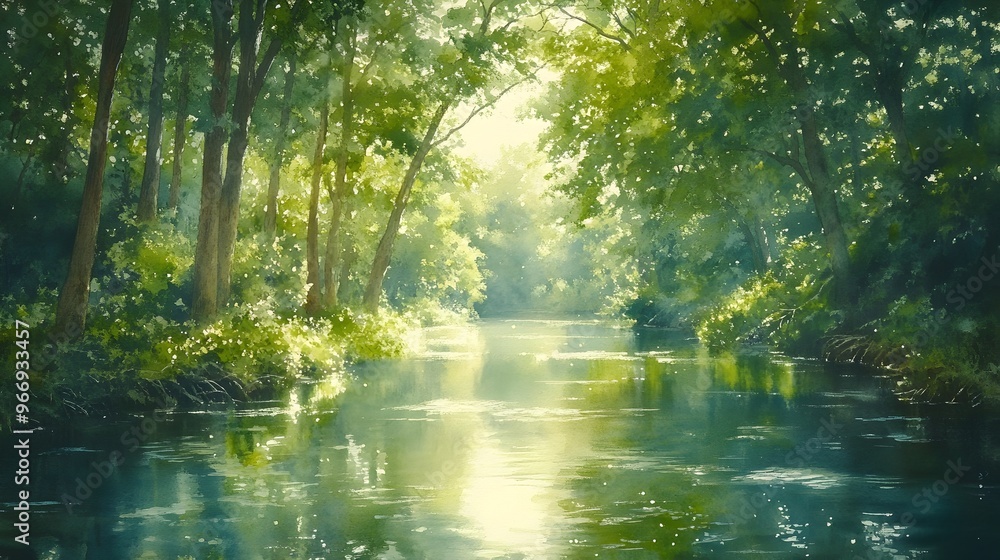 Tranquil River Meandering Through Lush Forest with Dappled Sunlight Tranquil River Meandering Through Lush Forest with Dappled Sunlight