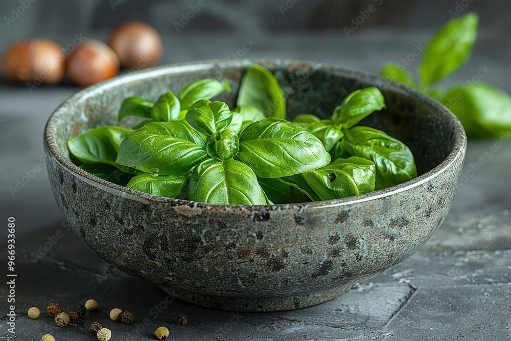 Fresh green basil leaves in a bowl on a dark surface with peppercorns. Fresh green basil leaves in a bowl on a dark surface with peppercorns.