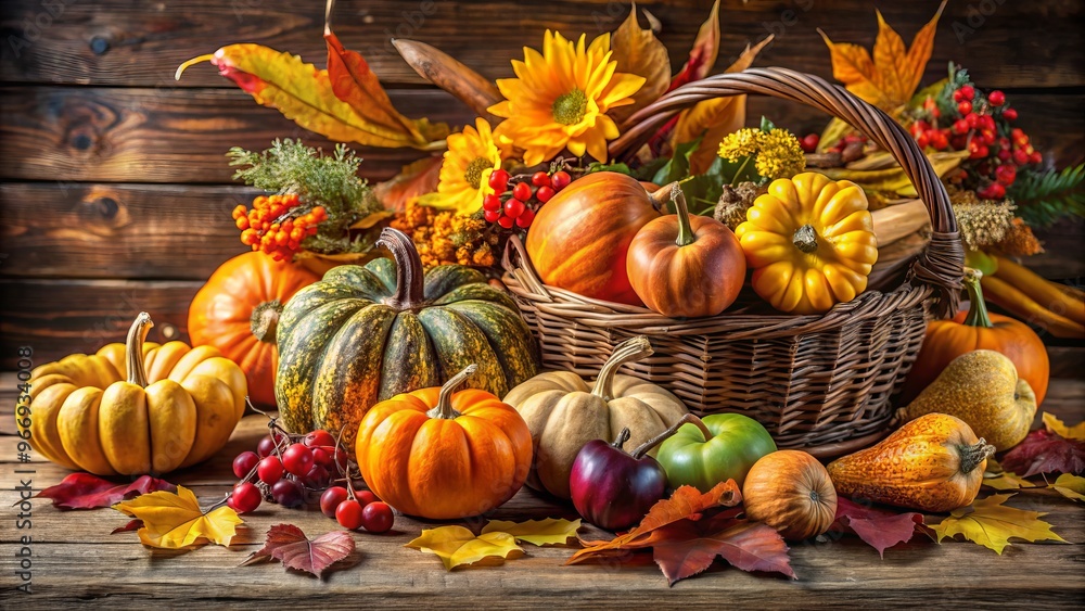 Rustic elegance shines through the wooden table, as pumpkins and cornucopia take center stage, surrounded by a bounty Rustic elegance shines through the wooden table, as pumpkins and cornucopia take center stage, surrounded by a bounty