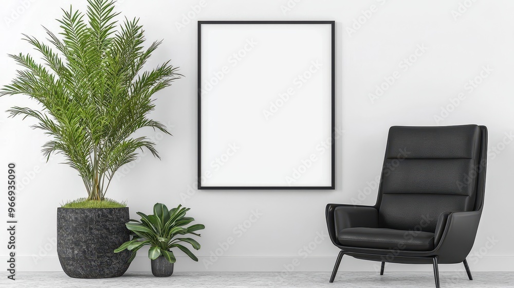 Blank Canvas Mockup Black Armchair and Plants in Minimalist Interior Blank Canvas Mockup Black Armchair and Plants in Minimalist Interior