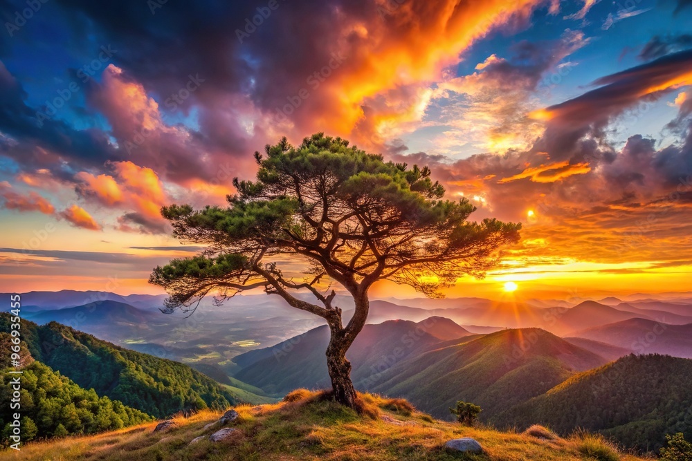 stunning sunset over mountains and tree stunning sunset over mountains and tree