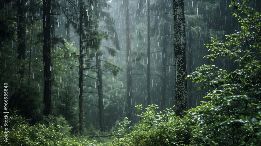 Heavy rain pouring in a dense forest Heavy rain pouring in a dense forest