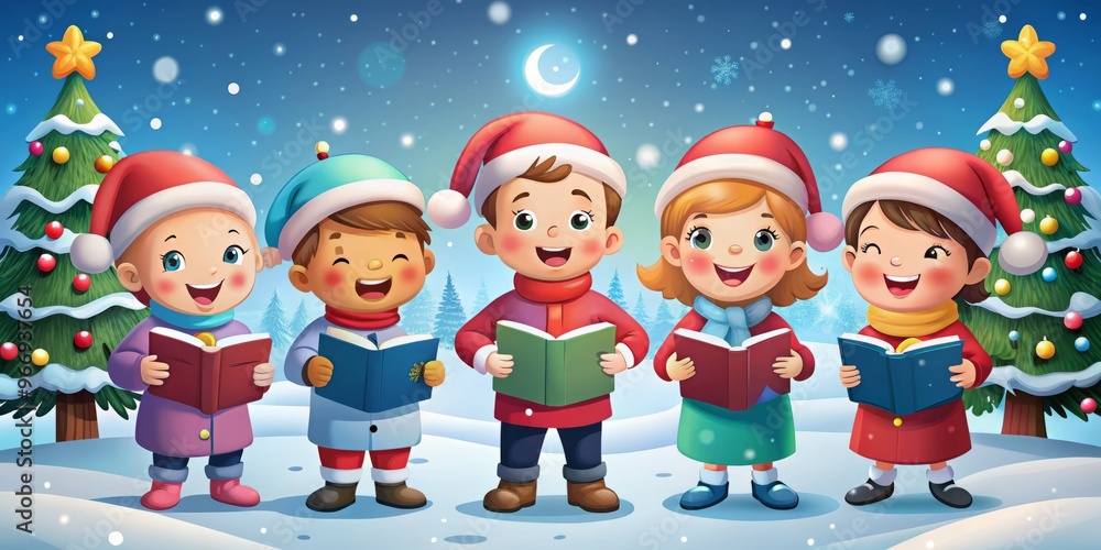 Snowflakes fall gently on a winter wonderland as kids sing joyful carols, their cheerful voices filling the air Snowflakes fall gently on a winter wonderland as kids sing joyful carols, their cheerful voices filling the air