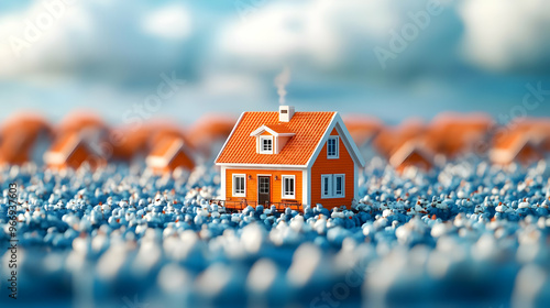 A small orange house surrou...