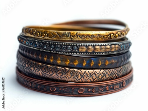 A set of chic and fashionable bangle bracelets with a boho inspired rustic mixed metal finish elegantly displayed against a clean white background photo