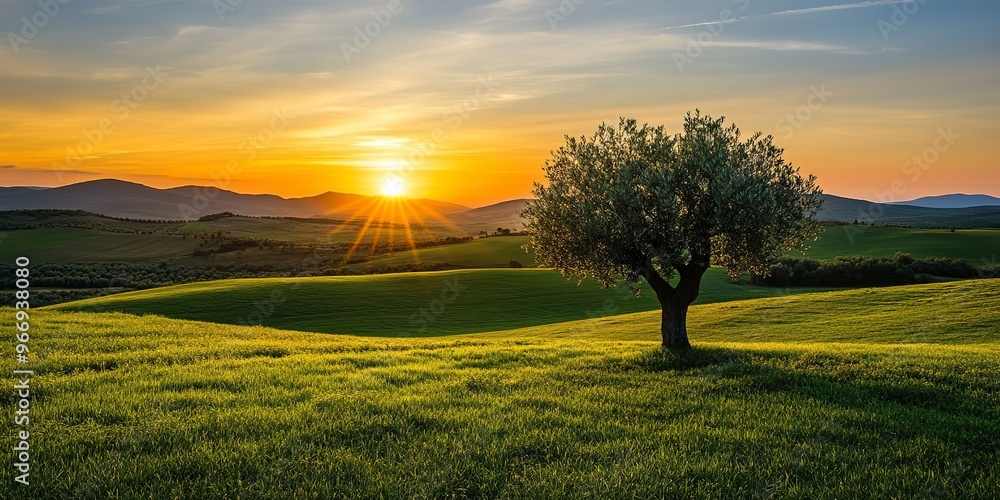 Obraz premium One olive tree in a field, hills, sunset 