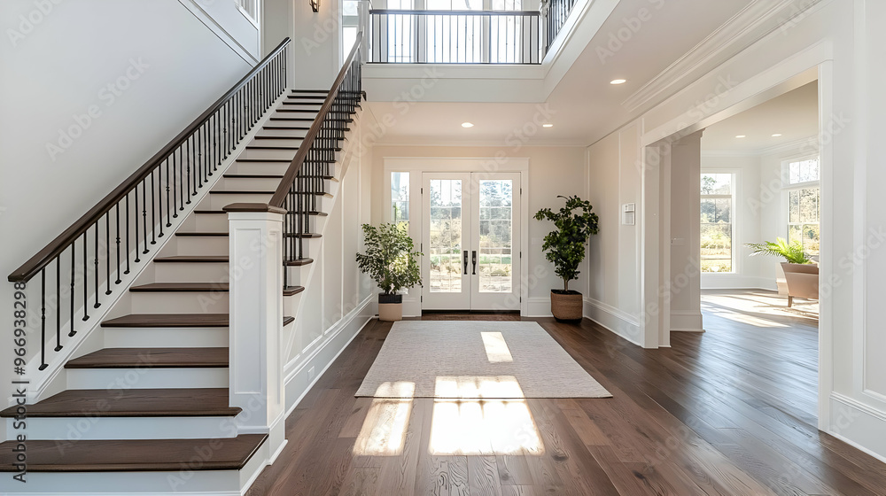 A spacious and elegant foyer with a staircase and natural light. A spacious and elegant foyer with a staircase and natural light.