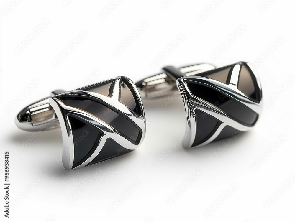 Striking Geometric Chrome Cufflinks Isolated on a Clean White Background Luxurious Formal Fashion Accessory for the Modern Gentleman Striking Geometric Chrome Cufflinks Isolated on a Clean White Background Luxurious Formal Fashion Accessory for the Modern Gentleman