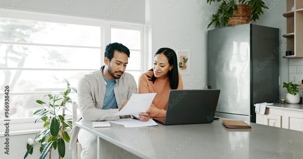 © PeakPoints/peopleimages.com - Kitchen, couple and conversation with document for finance, track expenses and laptop for budget goal. Discussion, man and woman with tax paper for checking, mortgage review or handle savings at home © PeakPoints/peopleimages.com - Kitchen, couple and conversation with document for finance, track expenses and laptop for budget goal. Discussion, man and woman with tax paper for checking, mortgage review or handle savings at home