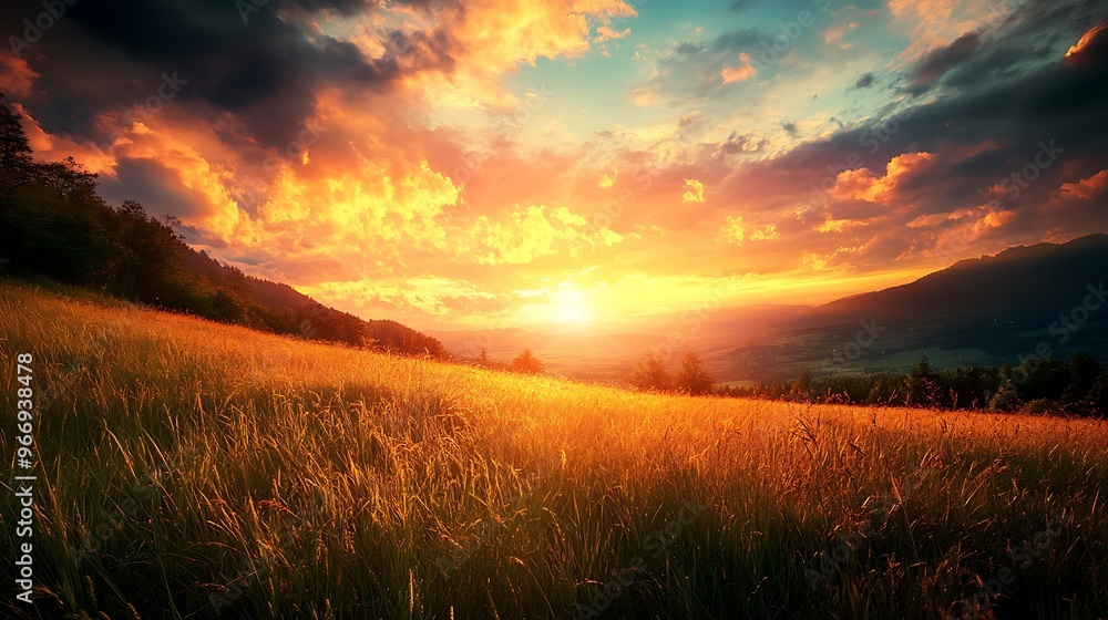 Sunset Over a Field of Grass in a Mountain Range Sunset Over a Field of Grass in a Mountain Range
