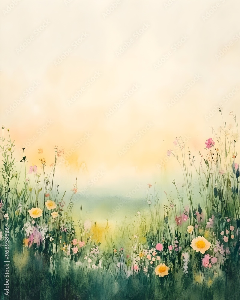 Fototapeta premium Misty Meadow at Dawn:A Watercolor Impression of Blooming Wildflowers