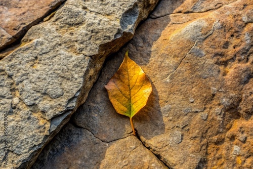 A subtle crevice on a ancient, weathered rock surface, worn smooth by eons of erosion, revealing a tiny fossilized leaf. photo