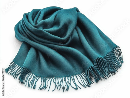 A premium pashmina shawl in a deep teal color with delicate fringed edges elegantly draped against a clean white background
