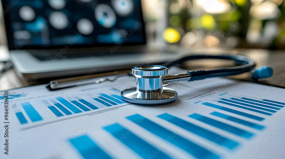 A stethoscope rests on a financial report with graphs, indicating healthcare analysis. A stethoscope rests on a financial report with graphs, indicating healthcare analysis.