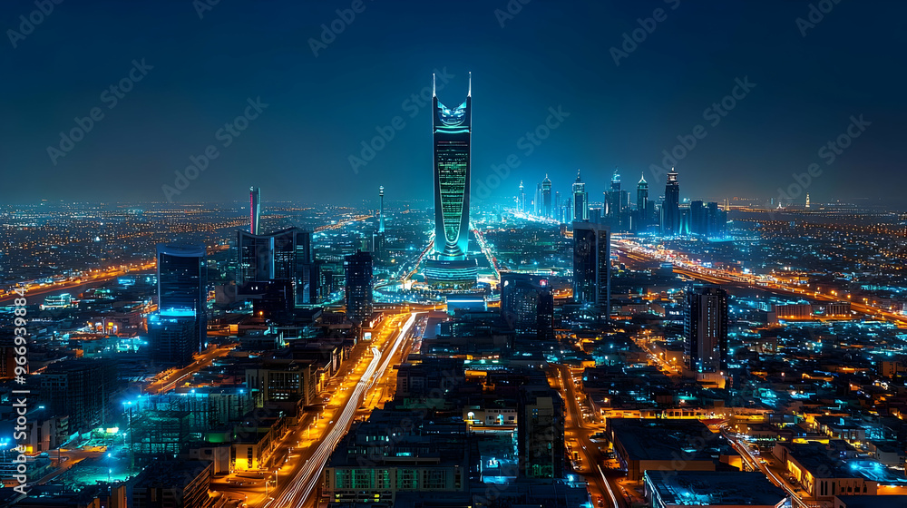 Fototapeta premium A stunning nighttime cityscape showcasing illuminated skyscrapers and urban development.