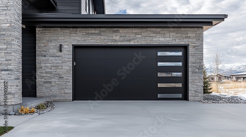 Modern Black Garage Door with Stone Facade and Concrete Driveway