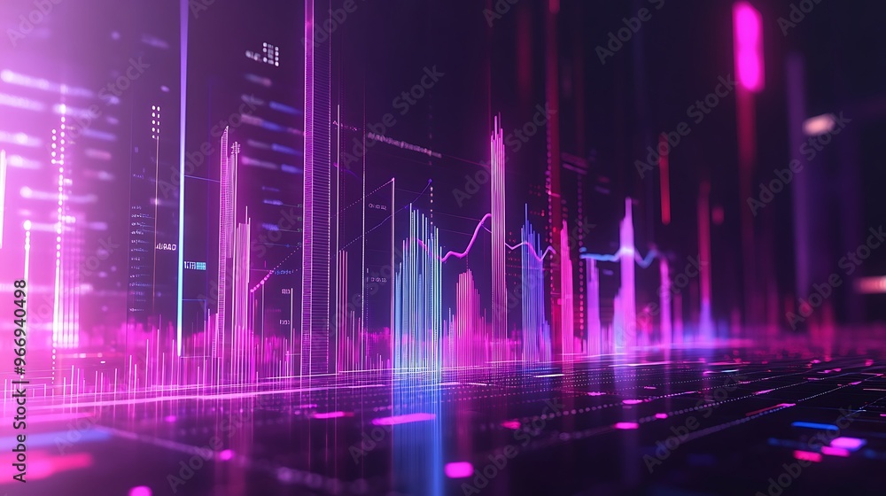 Abstract digital background with glowing lines, graphs, and data in pink and blue colors. Abstract digital background with glowing lines, graphs, and data in pink and blue colors.