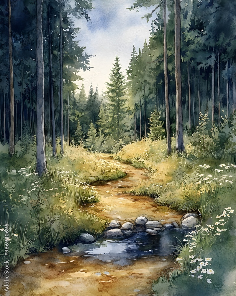 Fototapeta premium Impressionist Watercolor Painting of Peaceful Forest Clearing with Flowing Stream